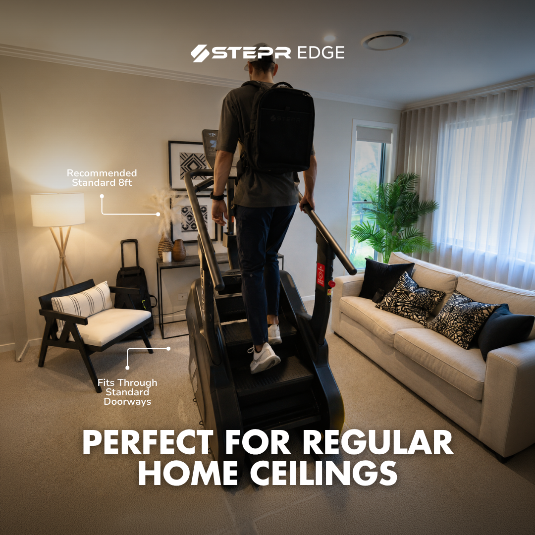 STEPR EDGE compact home stair climber designed for standard doorways and 8-foot ceilings.