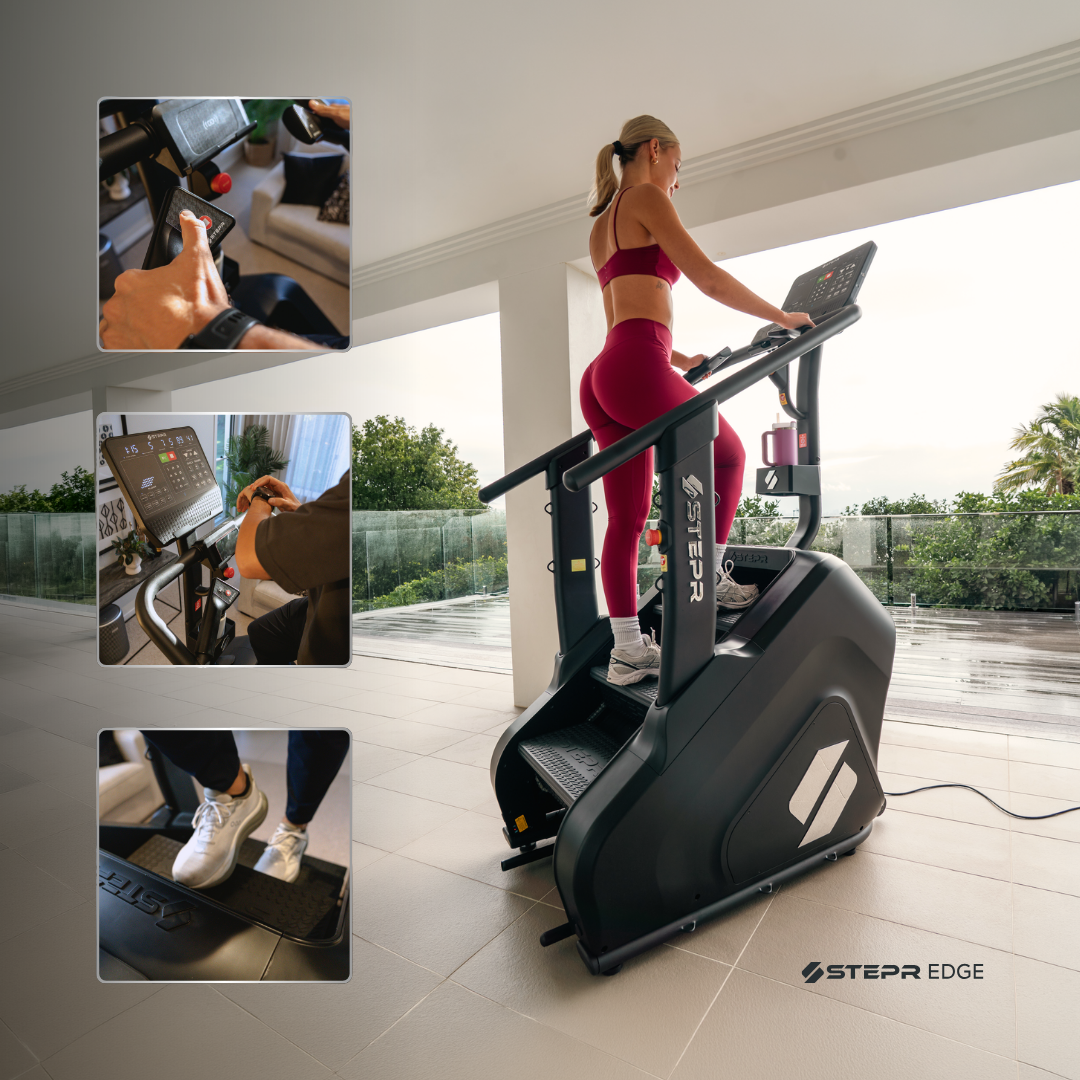 Image alt text: STEPR EDGE stair climber with advanced speed controls, built-in safety features, oversized bottle holder and wireless phone charger.