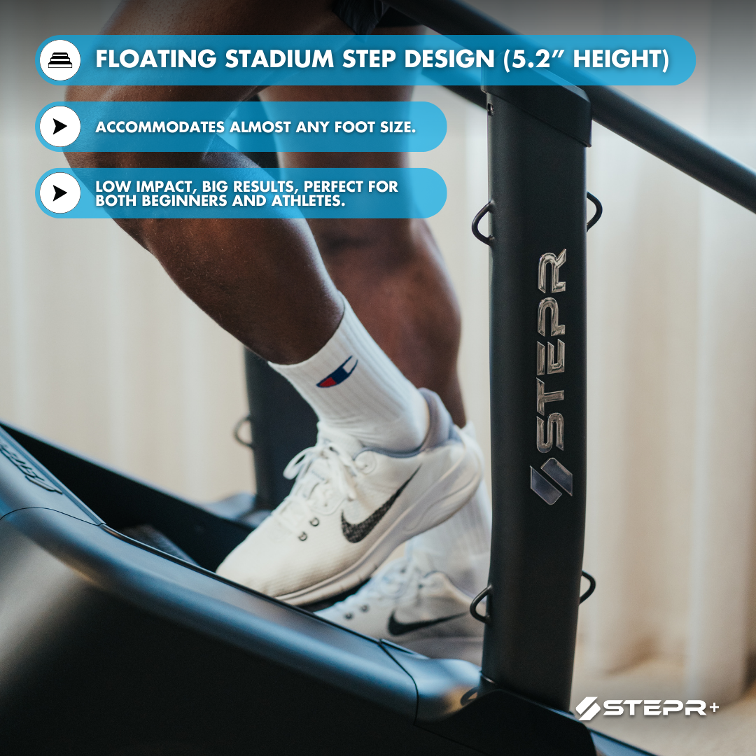 STEPR+ Stair Climber Stairmaster - Floating stadium step design 5.2", accommodates almost any foot size, low impact, big results, perfect for both beginners and athletes 