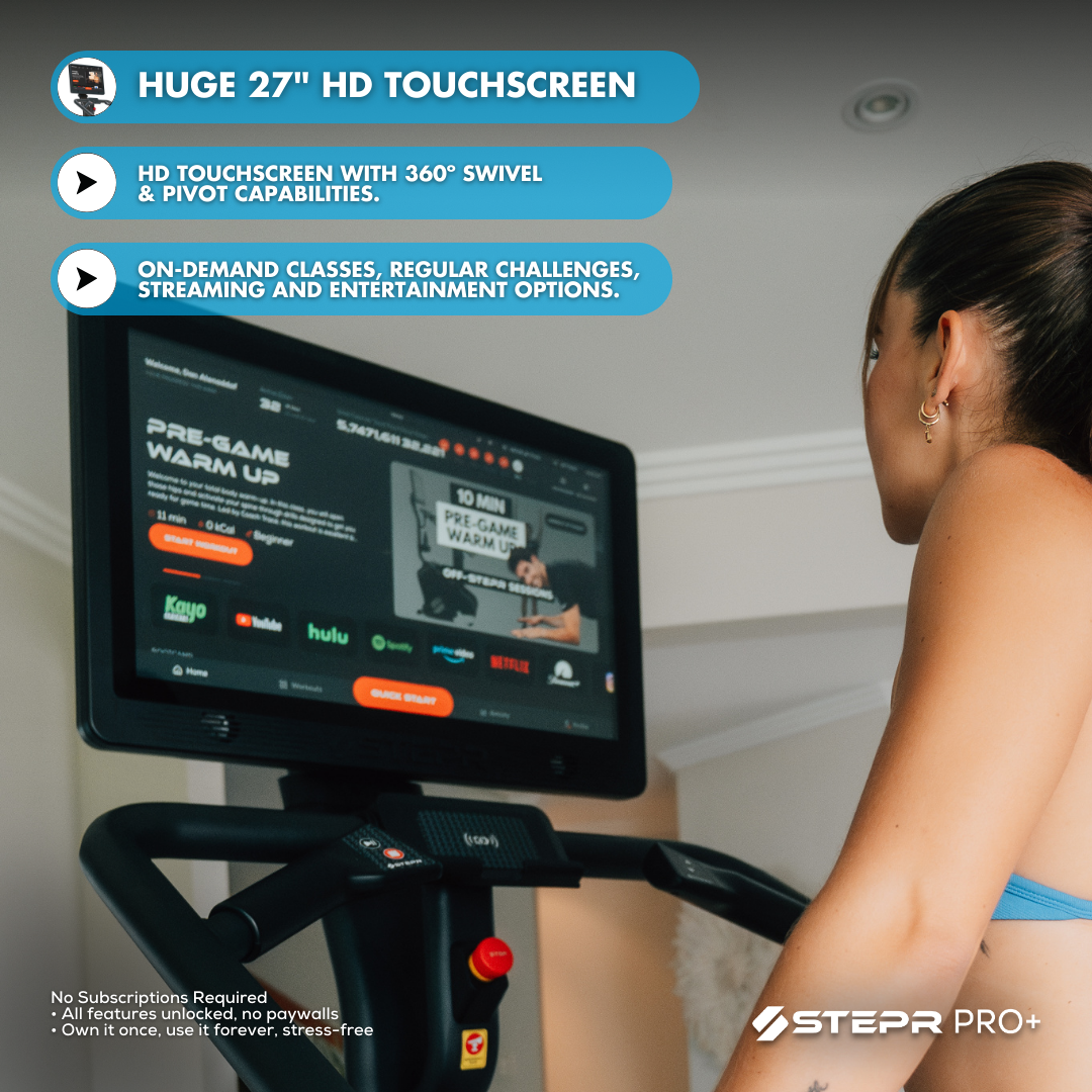 STEPR PRO+ Stairmaster stair climber -Huge 27" HD touchscreen, 360º swivel and pivot, on-demand classes, streaming and entertainment options